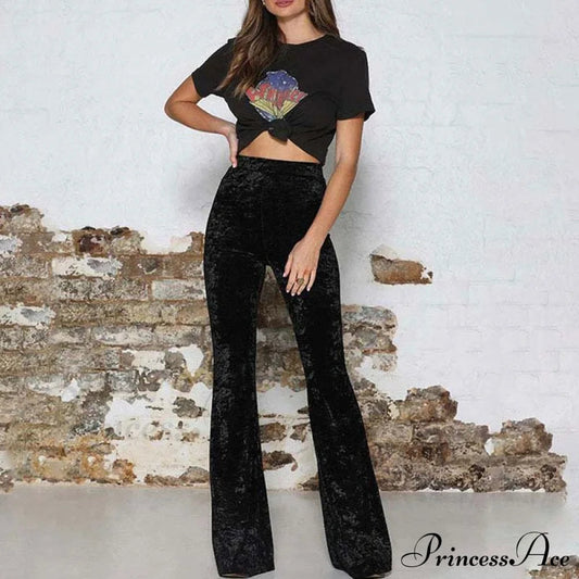 High Waist Velvet Wide Leg Velour Flare Pants
