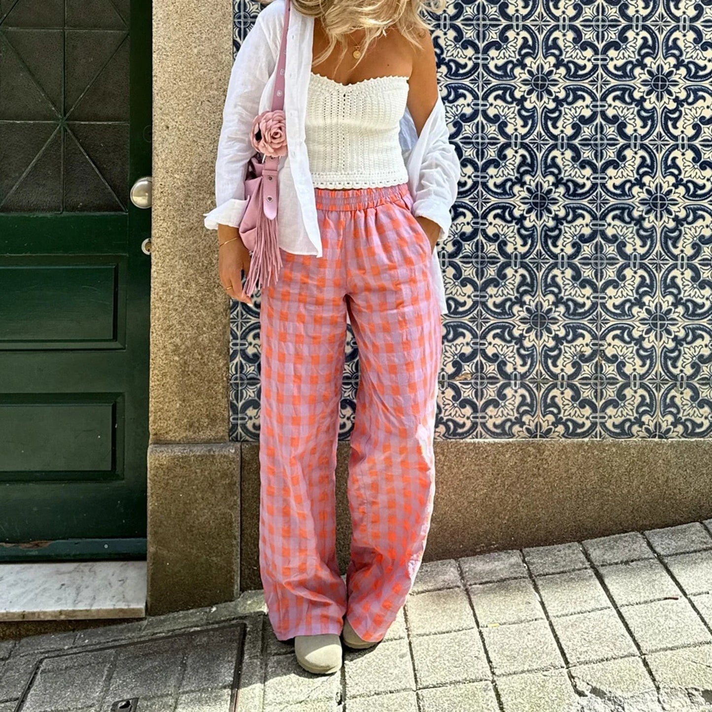 Plaid Loose Wide Leg Palazzo Pant