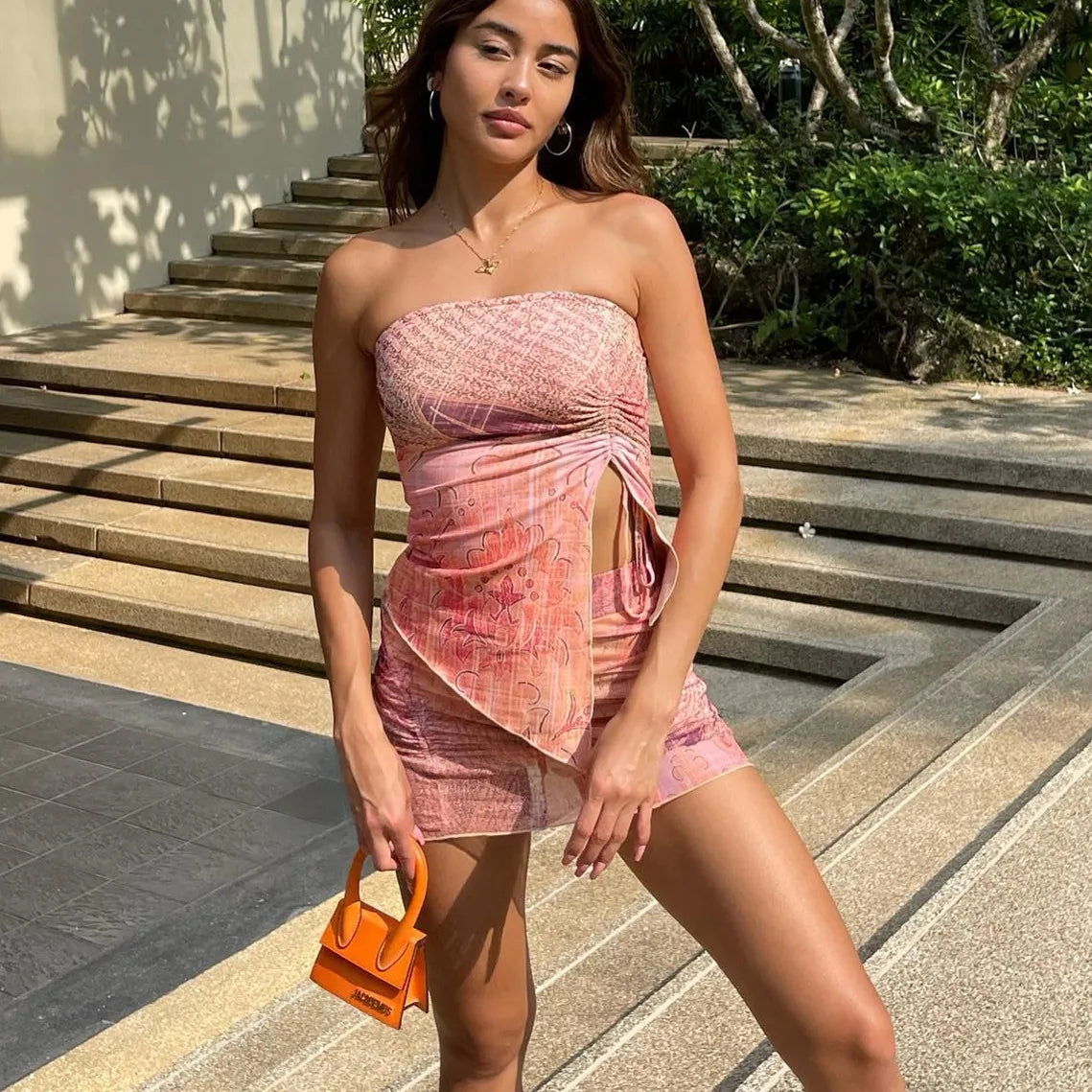 Printed Strapless Tube Top Bodycon Mini Skirt