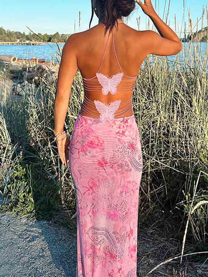 Backless Halter Printed Slim Maxi Dress