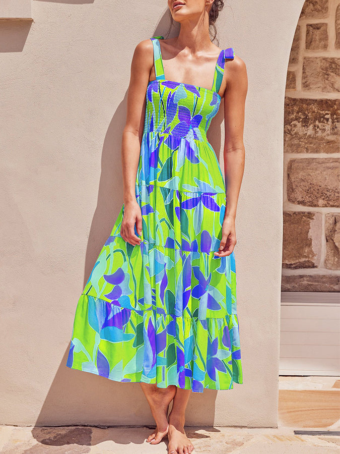 Leaves Printed Tie-shoulder Sleeveless Holiday Maxi Dress