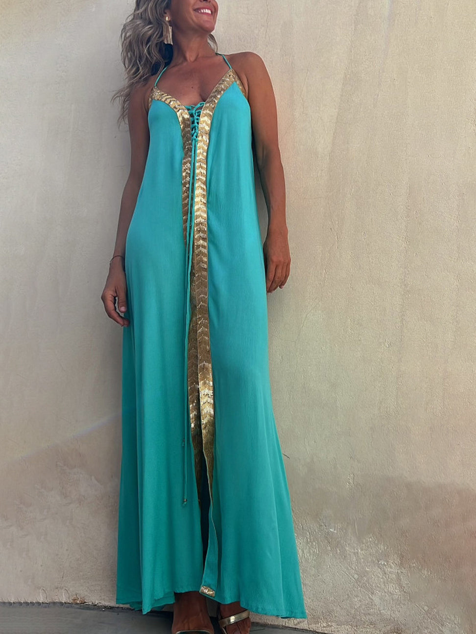 Paneled Sleeveless Lace-up Holiday Maxi Dress