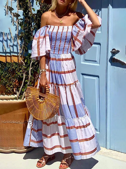 Off Shoulder Ruffle Sleeves Stripes Swing Maxi Dress