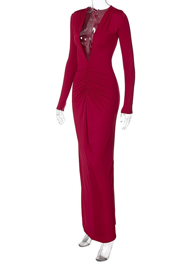 Long Sleeves V Neck Slim Maxi Dress