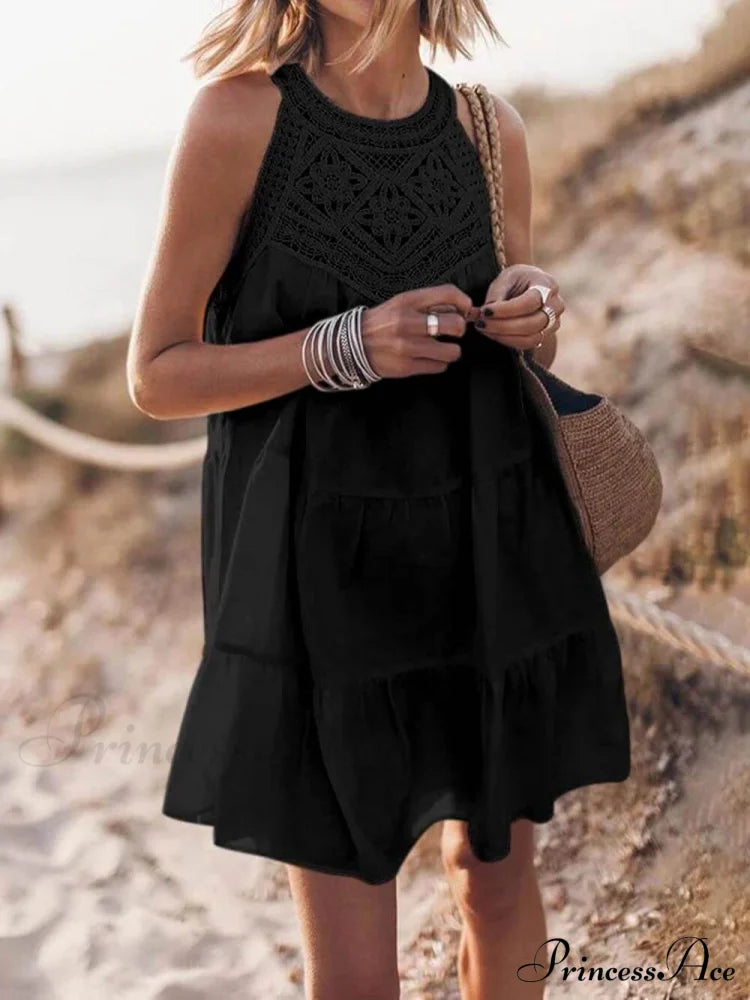 Hollow Lace Patchwork Charming Halterneck A-line Mini Dress