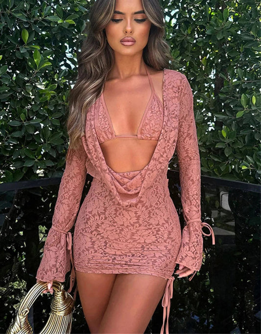 Hollow Long Sleeve Mini Dress