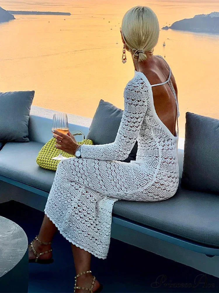 Hollow Out Backless Knitted Long Sleeve Lace Up Mix Midi Dress