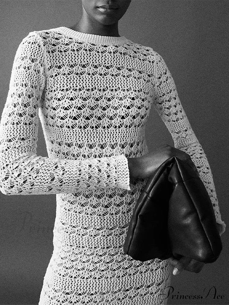 Hollow Out Backless Knitted Long Sleeve Lace Up Mix Midi Dress