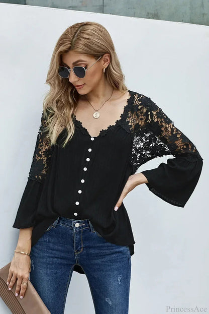 Hollow Out Deep V-neck Flare Sleeve Blouse