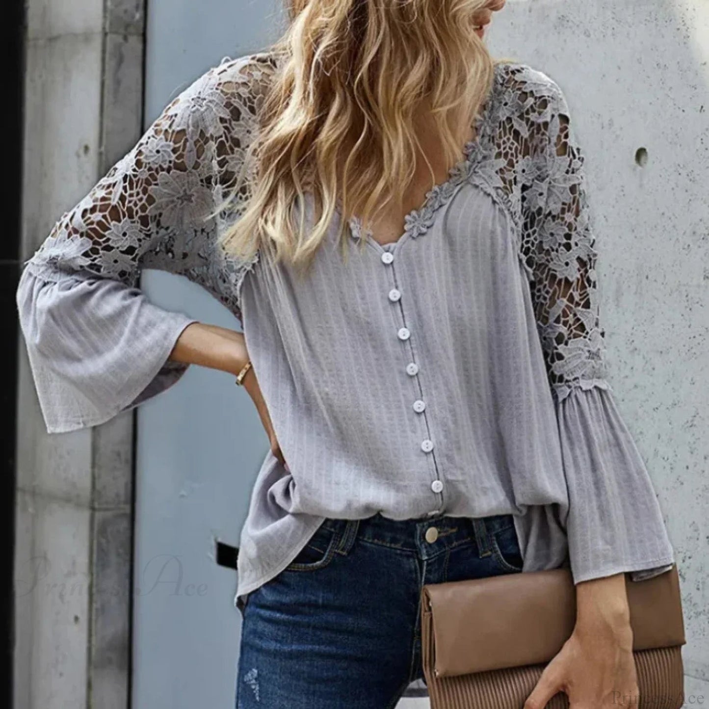 Hollow Out Deep V-neck Flare Sleeve Blouse