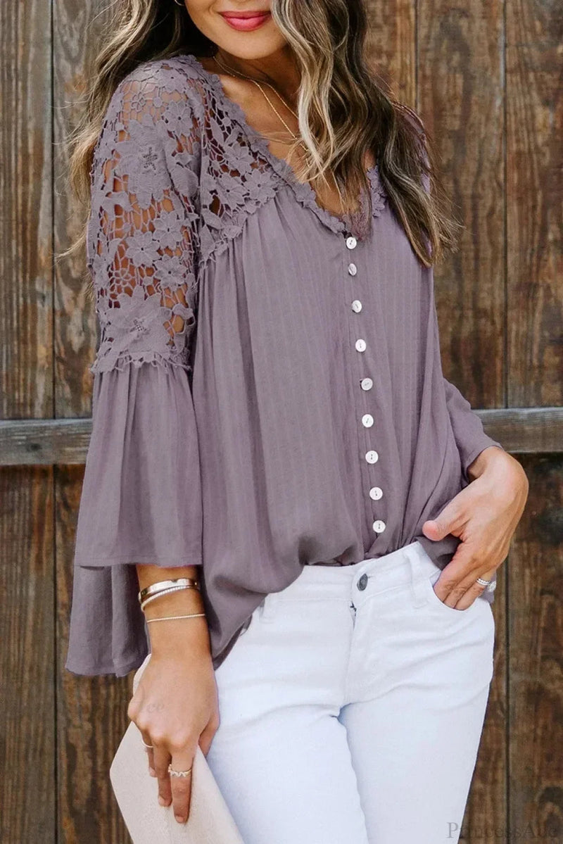 Hollow Out Deep V-neck Flare Sleeve Blouse