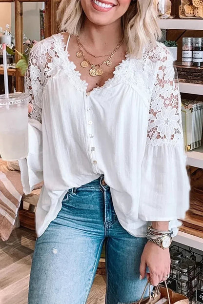 Hollow Out Deep V-neck Flare Sleeve Blouse