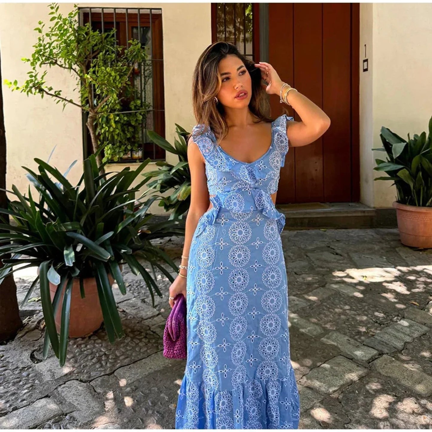 Hollow Out Embroidery Backless Ruffle Maxi Dress