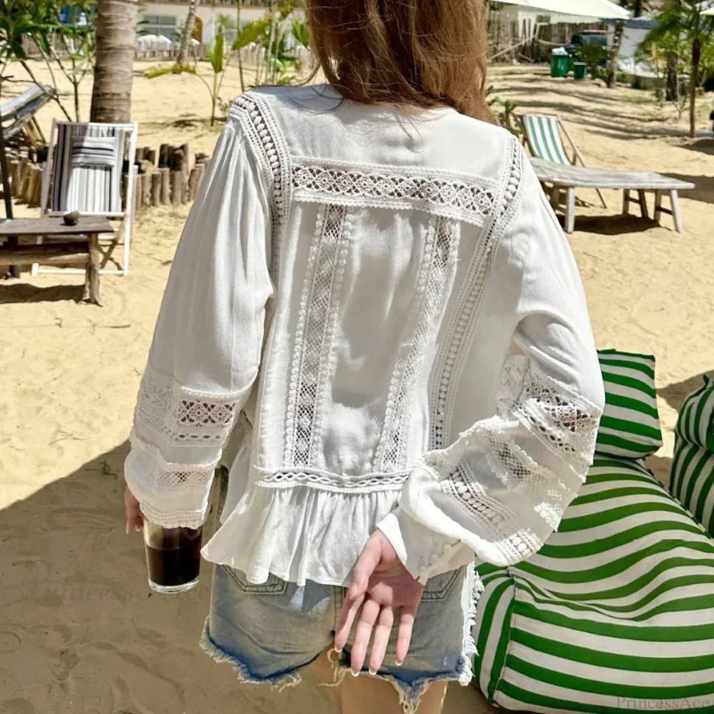 Hollow Out Lace Long Sleeve Ruffles Blouse