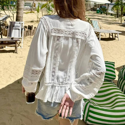 Hollow Out Lace Long Sleeve Ruffles Blouse