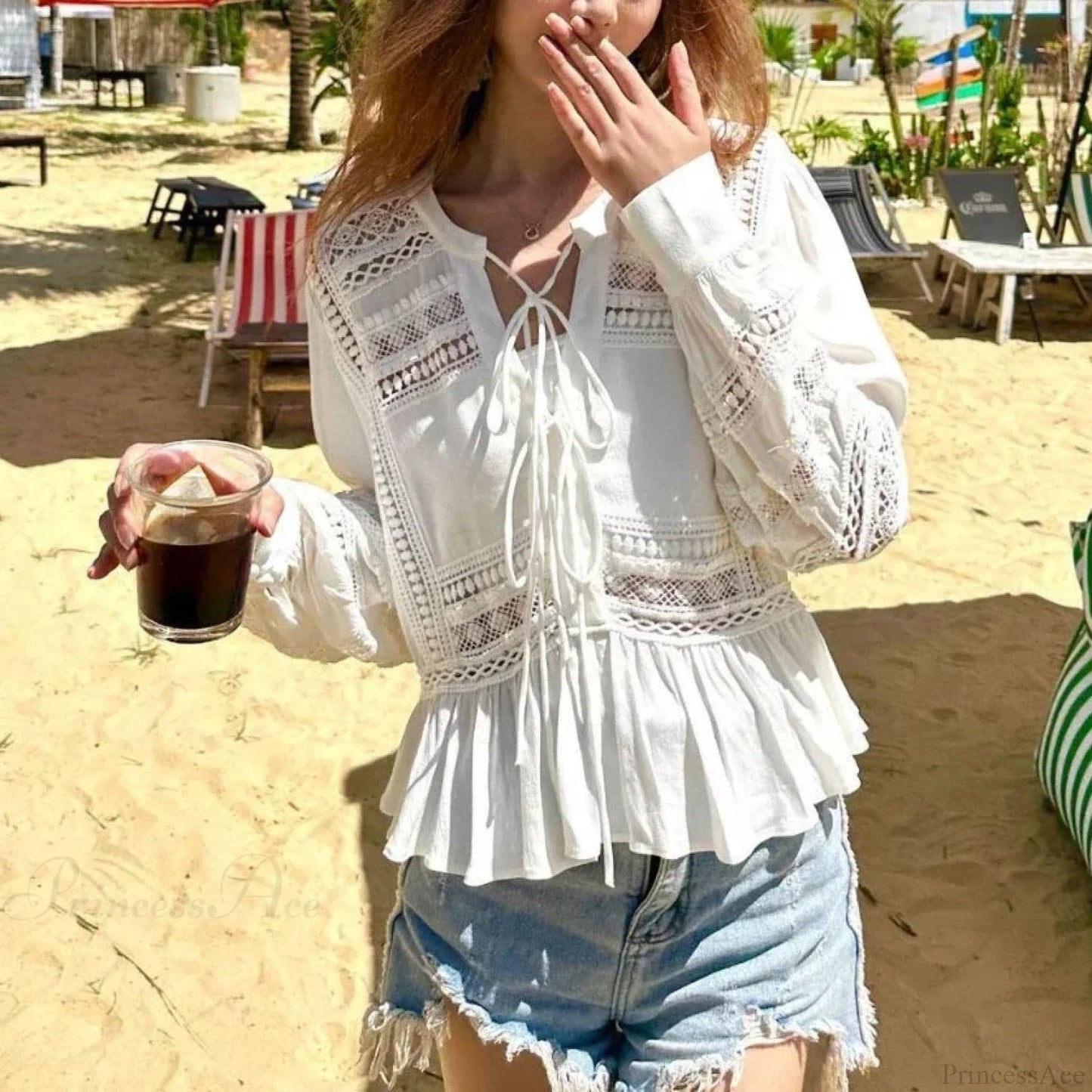 Hollow Out Lace Long Sleeve Ruffles Blouse