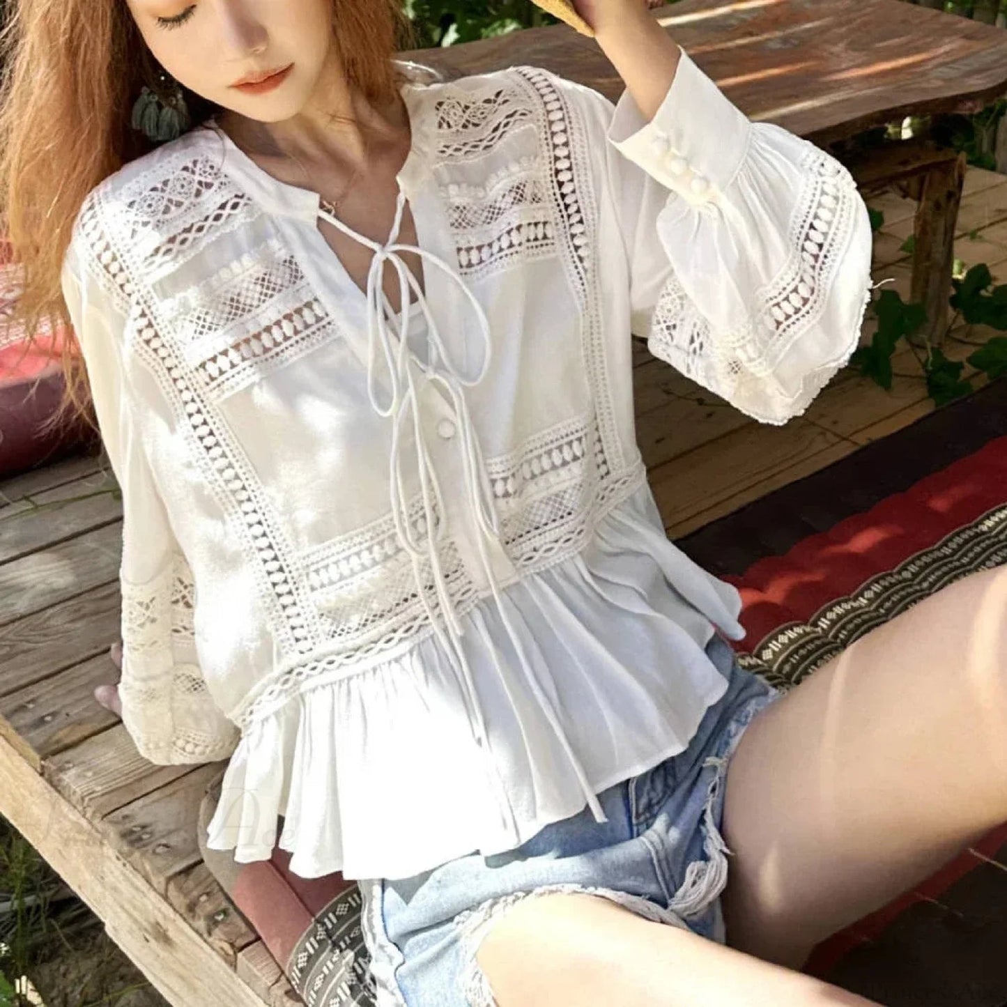 Hollow Out Lace Long Sleeve Ruffles Blouse