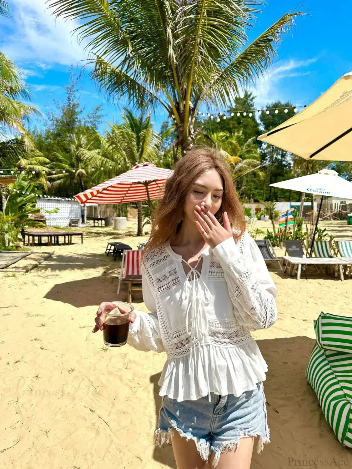Hollow Out Lace Long Sleeve Ruffles Blouse