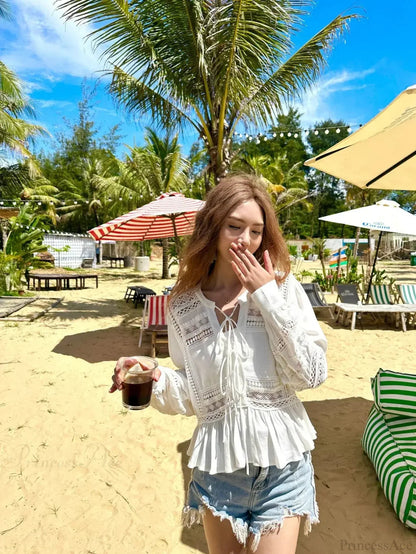 Hollow Out Lace Long Sleeve Ruffles Blouse