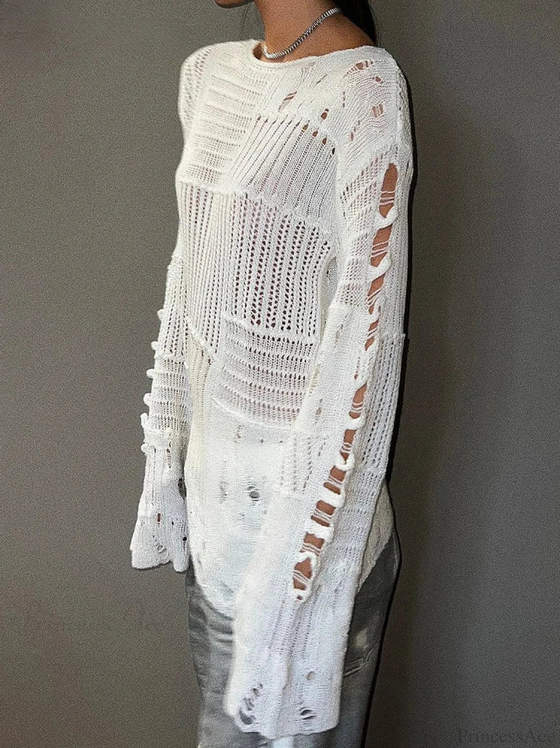 Hollow Out Loose O-neck Long Sleeve Knitted Pullover Sweater