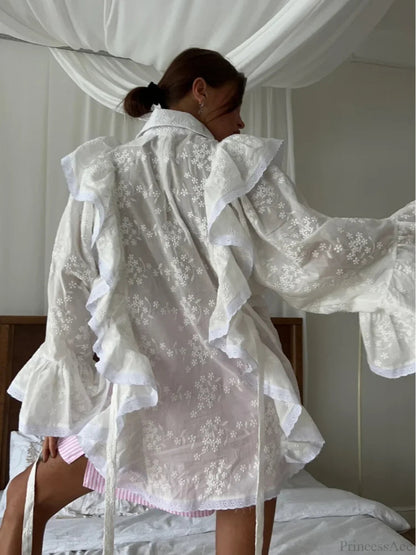 Hollow Out Lotus Leaf Edge White Blouse