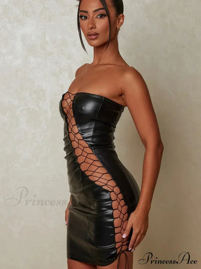 Hollow Out Pu Leather Strapless Sleeveless Bodycon Party Short Mini Dress