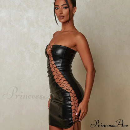 Hollow Out Pu Leather Strapless Sleeveless Bodycon Party Short Mini Dress