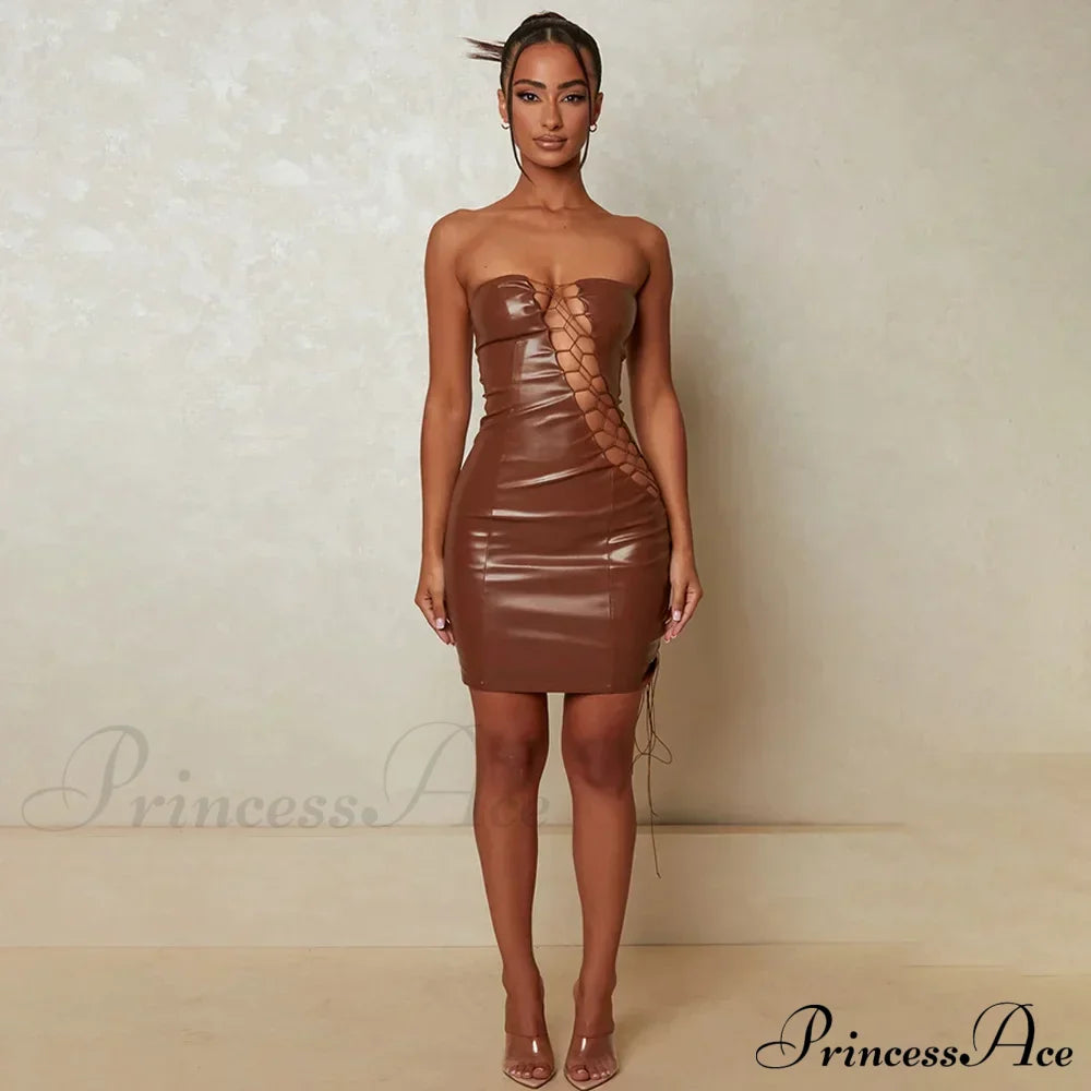 Hollow Out Pu Leather Strapless Sleeveless Bodycon Party Short Mini Dress