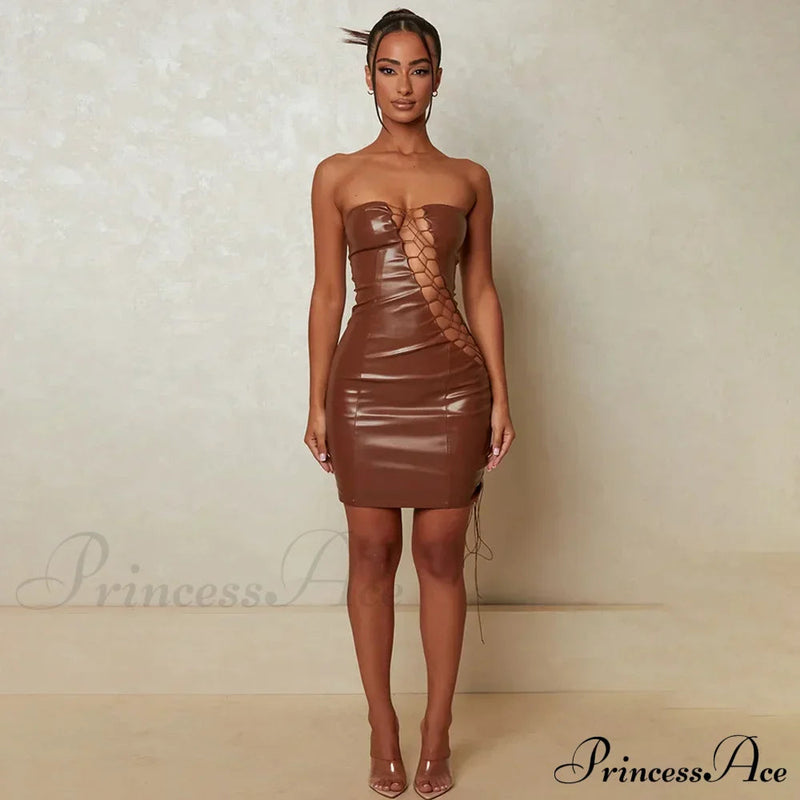 Hollow Out Pu Leather Strapless Sleeveless Bodycon Party Short Mini Dress