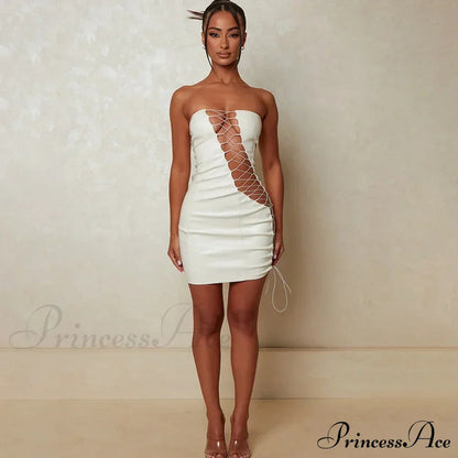 Hollow Out Pu Leather Strapless Sleeveless Bodycon Party Short Mini Dress