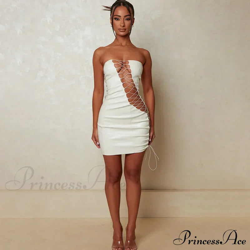 Hollow Out Pu Leather Strapless Sleeveless Bodycon Party Short Mini Dress