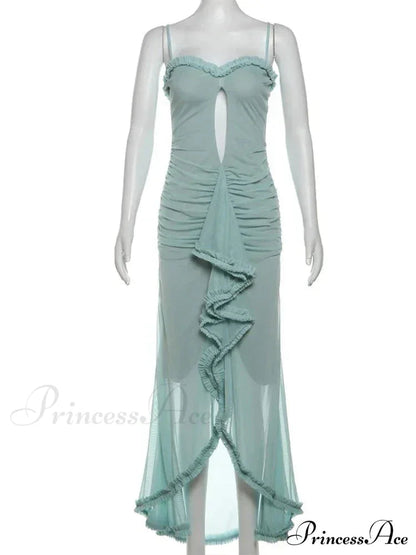 Hollow Out Ruffles Charming Strap Midi Dress