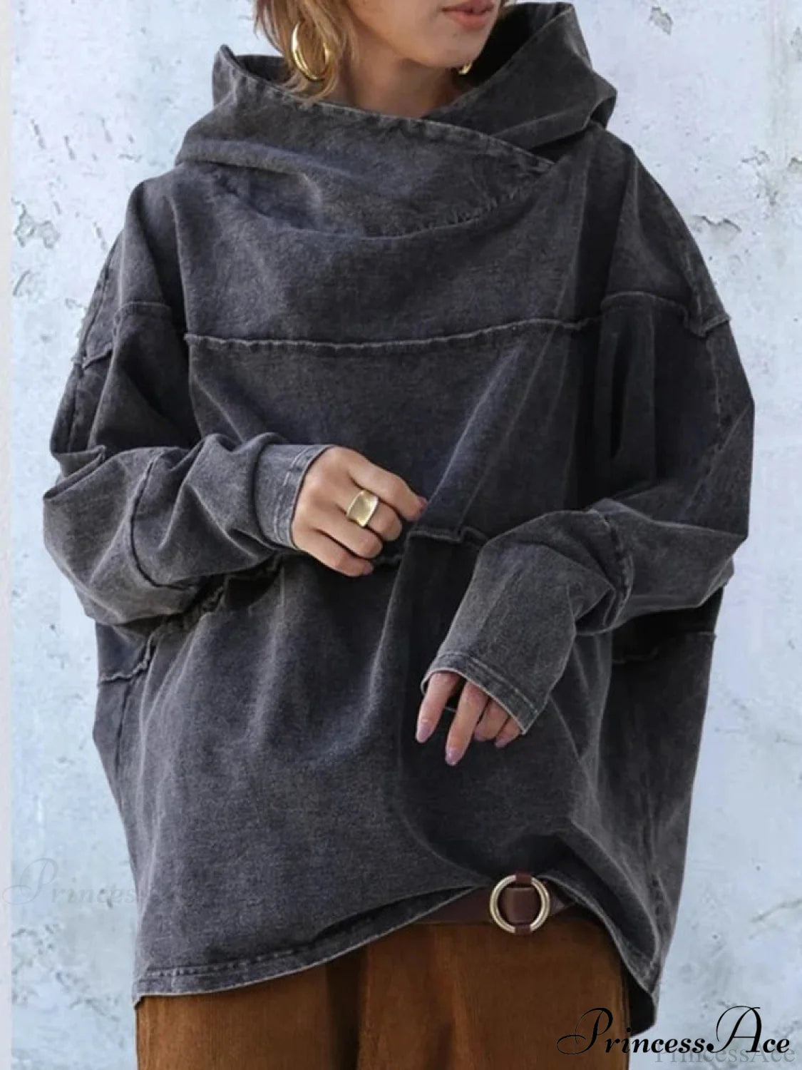 Hooded Effect Color Denim Washed Sweatshirt