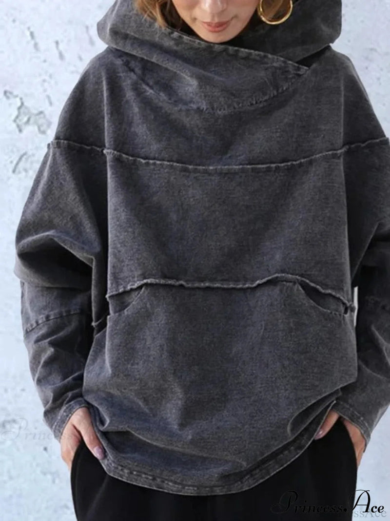 Hooded Effect Color Denim Washed Sweatshirt