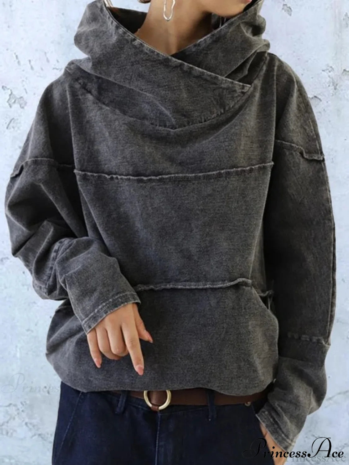 Hooded Effect Color Denim Washed Sweatshirt