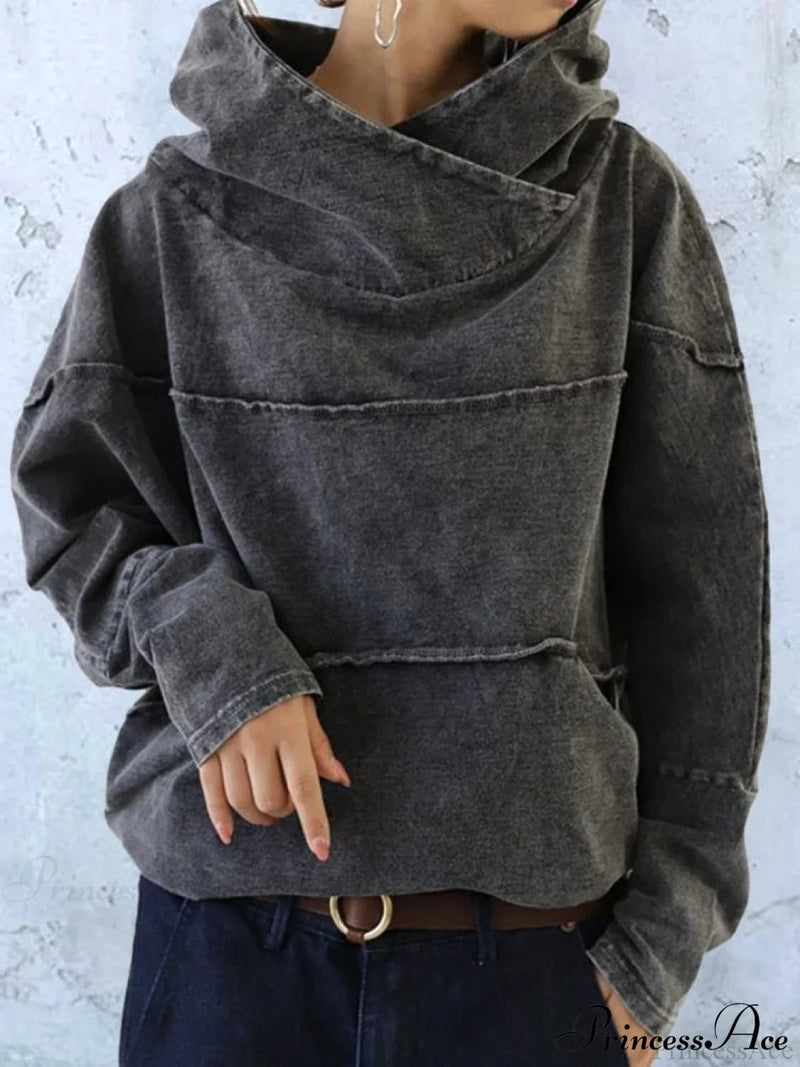 Hooded Effect Color Denim Washed Sweatshirt