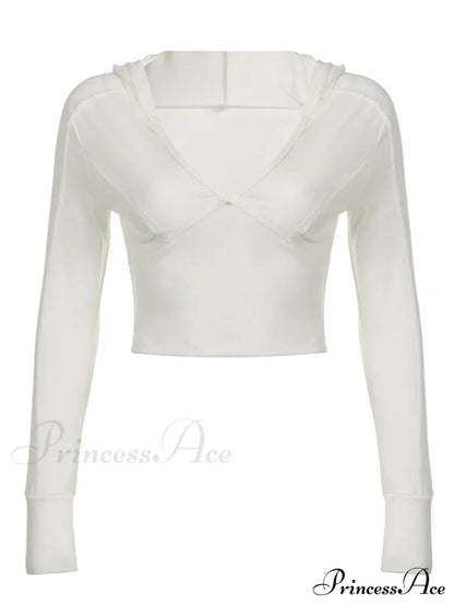 Hooded Ribbed Long Sleeve Deep V Neck Color Slim Fit T-shirts