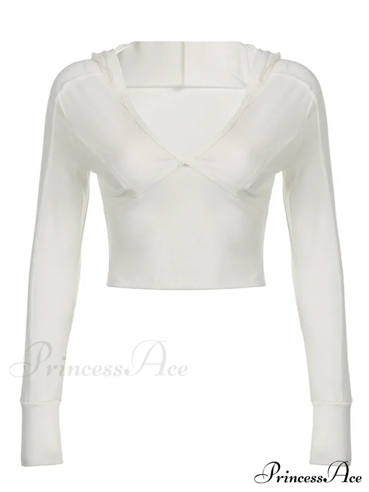 Hooded Ribbed Long Sleeve Deep V Neck Color Slim Fit T-shirts