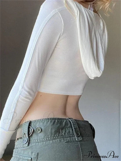 Hooded Ribbed Long Sleeve Deep V Neck Color Slim Fit T-shirts