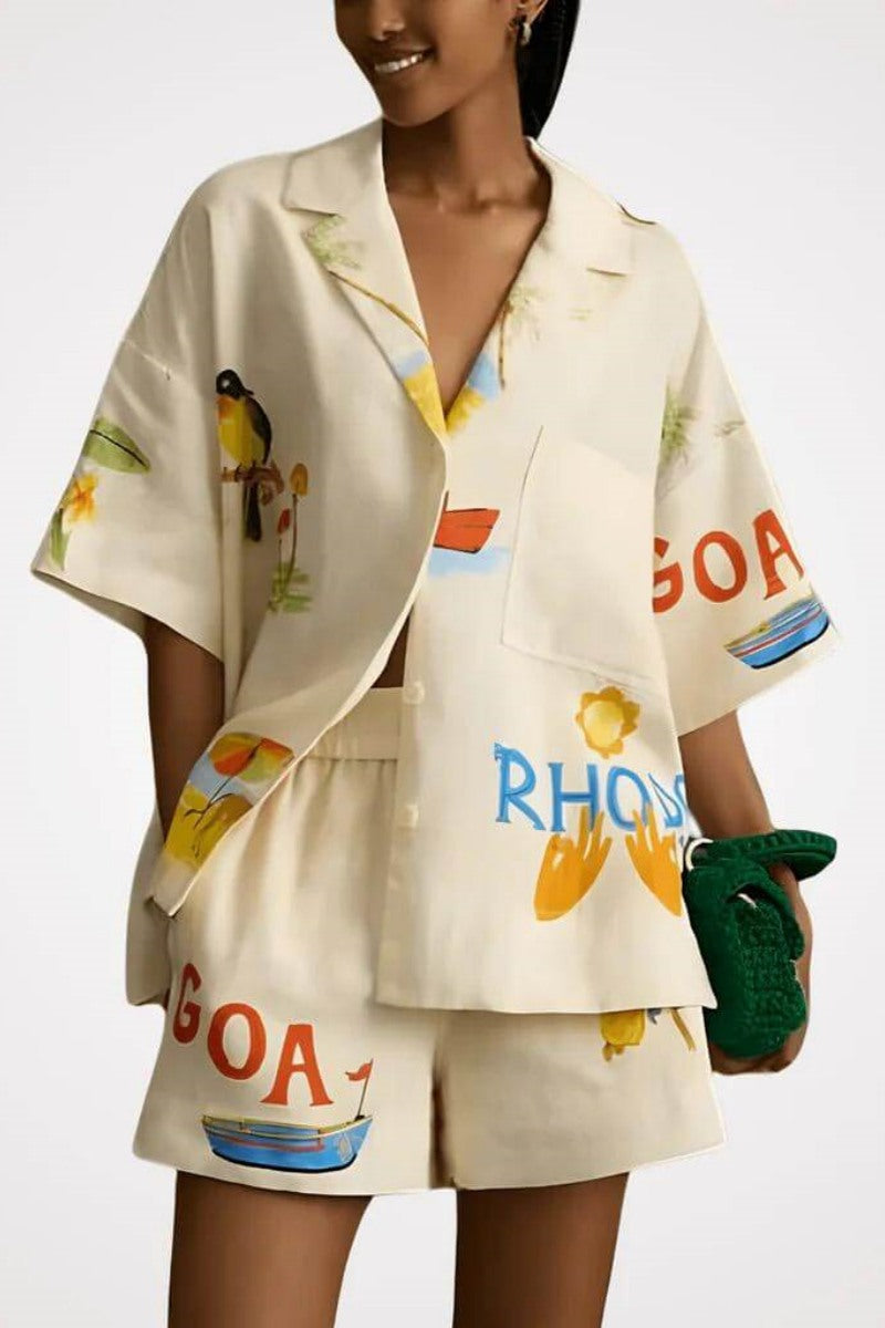 Unique Holiday Folk Print Loose Shorts Two-piece Set