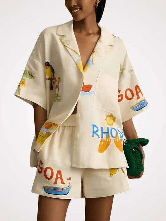 Unique Holiday Folk Print Loose Shorts Two-piece Set
