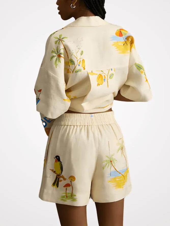 Unique Holiday Folk Print Loose Shorts Two-piece Set