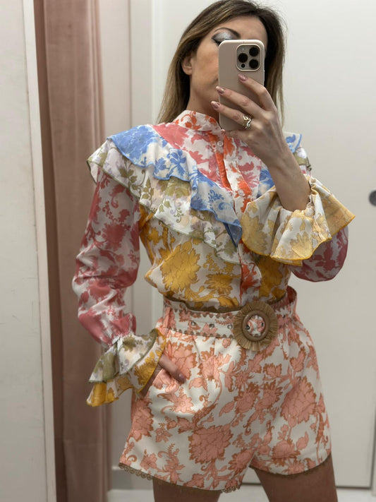 Print Ruffles Blouse & Shorts Coord Set With Belt