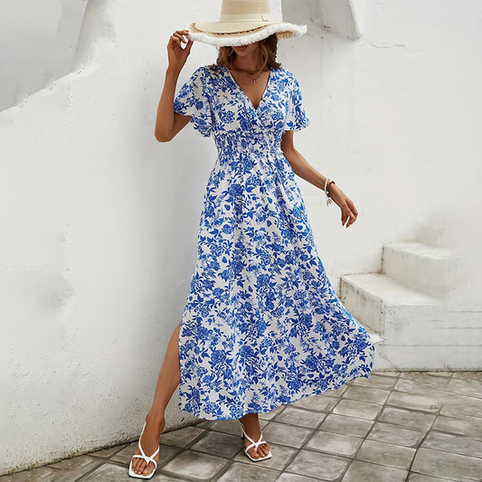 Brina - V-neck Blue -printed Slimming Maxi Dress