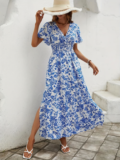 Brina - V-neck Blue -printed Slimming Maxi Dress