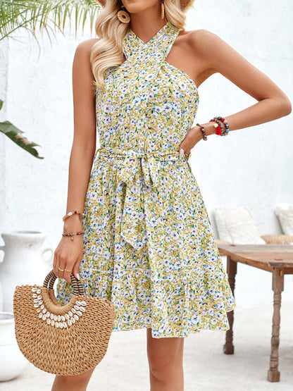 Sleeveless Halter Neck Dress With Waist Tie