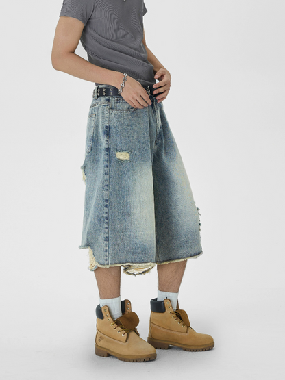 Distressed Wide Leg Denim Capri Cut Shorts