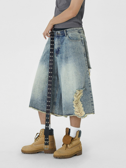 Distressed Wide Leg Denim Capri Cut Shorts