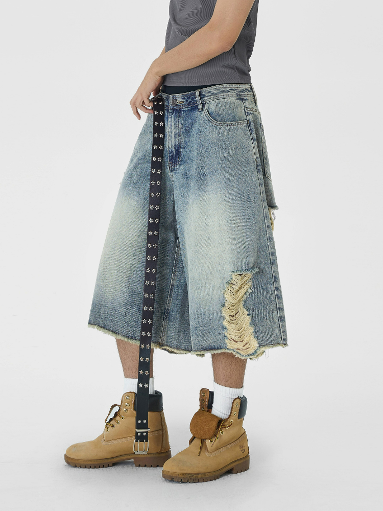 Distressed Wide Leg Denim Capri Cut Shorts