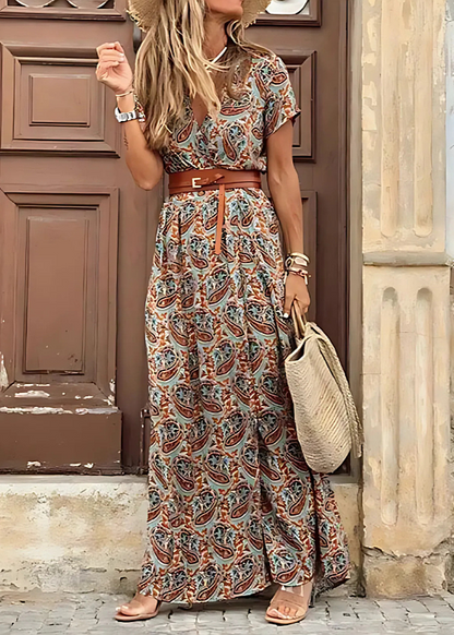 Brynleigh - Graceful Paisley Belted Maxi Dress